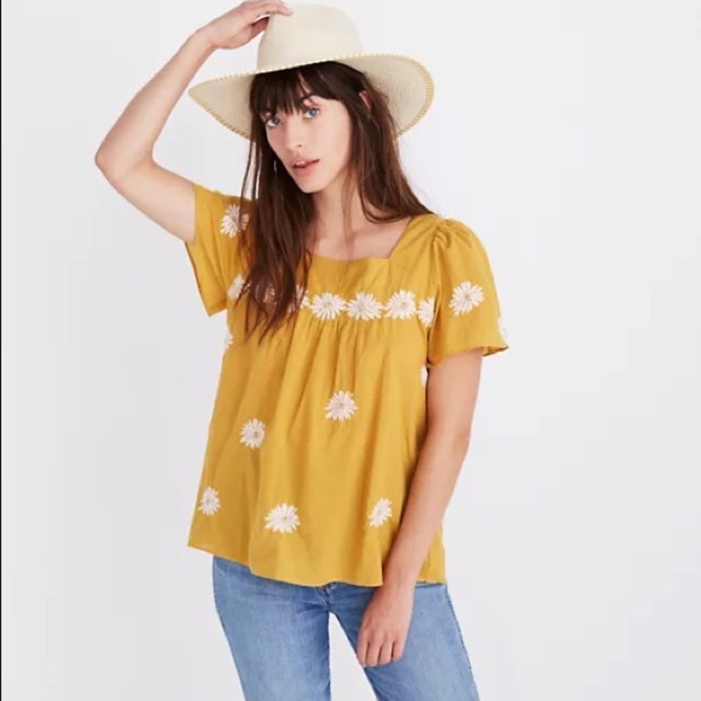 MADEWELL Yellow Floral Embroidered Short Sleeve Butterfly Top